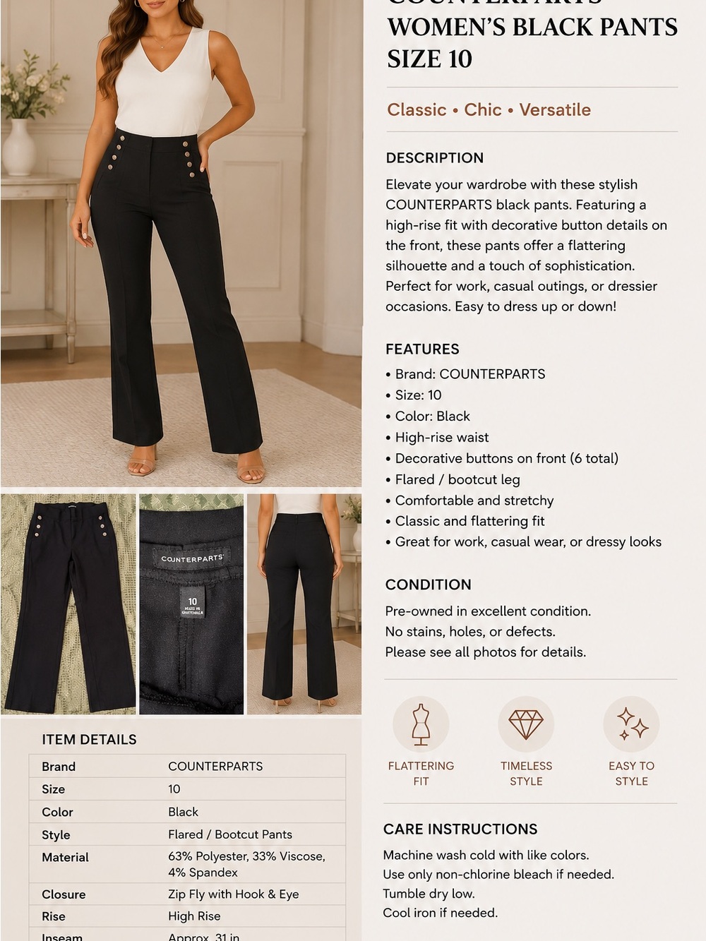 Counterparts Black High-Rise Fitted Pants with Button Detail